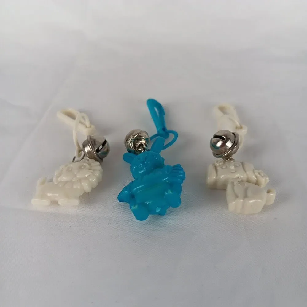 1980s Bell Charms Lion Rabbit Puppy White and Blue Lot Loose Played With Toys
